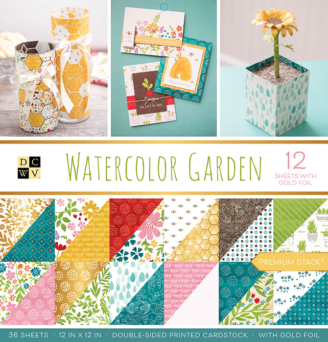 PS-005-00597 Pilas - DCWV - 12 X 12 - Jardin acuarelo - Papel oro - Doble cara (36 HOJAS)