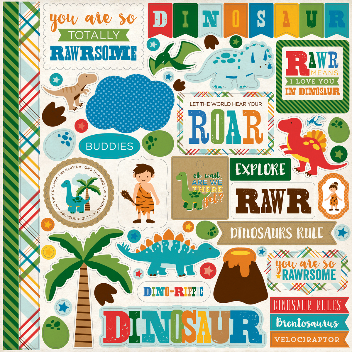 DF102014 - Echo Park - Etiqueta engomada del elemento de los amigos de Dino