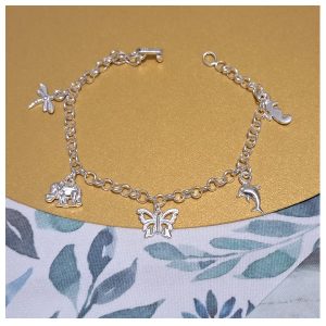 ag-pu03 Pulsera dijes 19cm, delfín, mariposa, caballito de mar, elefante y libélula Plata 950