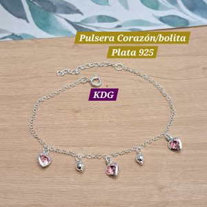 P-593 Pulsera Corazón rosa / Bolita   Plata 925 - 18cm + 2cm