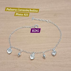 P-593-A	Pulsera Corazón Blanco / Bolita   Plata 925 - 18cm + 2cm