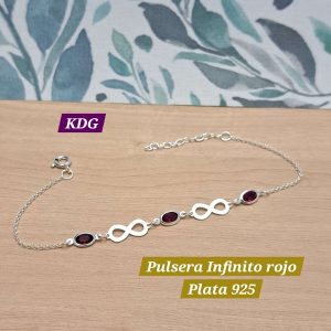 PLT-343 Pulsera infinito con piedritas rojas Plata 925 18cm +2cm