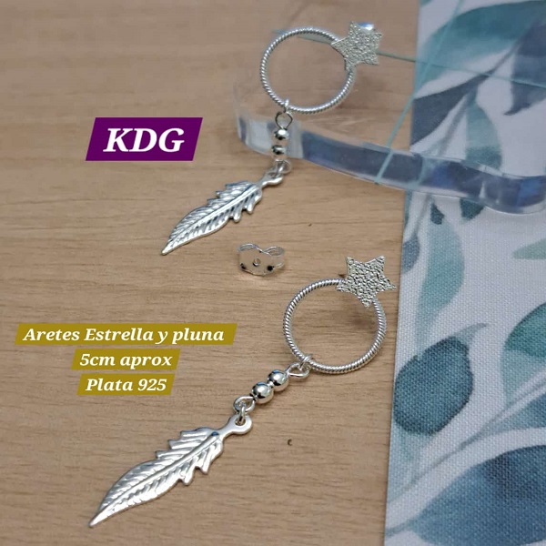 A-364 Arete Colgante estrella/pluma Plata 925