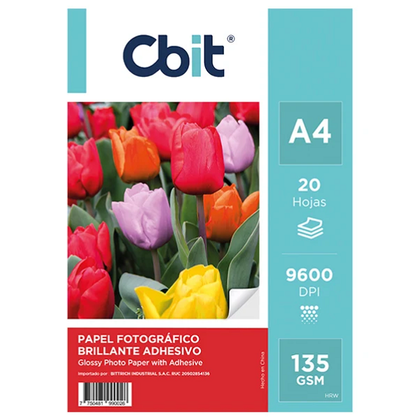 FOTO130ADHA4 Papel Foto de 135GSM A4 Glossy con Adhesivo - paquete de 20 hojas