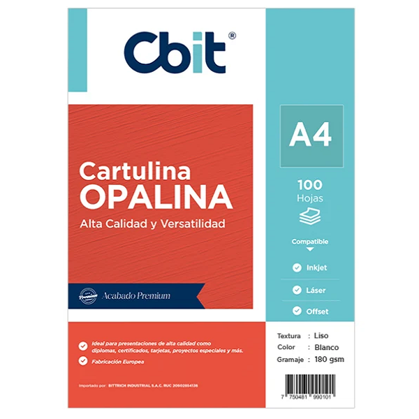 A4OPALIS180WH100 Opalina lisa de 180gr CBIT A4 Blanco - Por 100 unidades