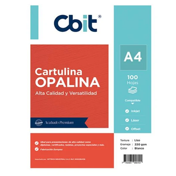 A4OPALIS220WH100  Opalina lisa de 220gr CBIT A4 Blanco - Por 100 unidades